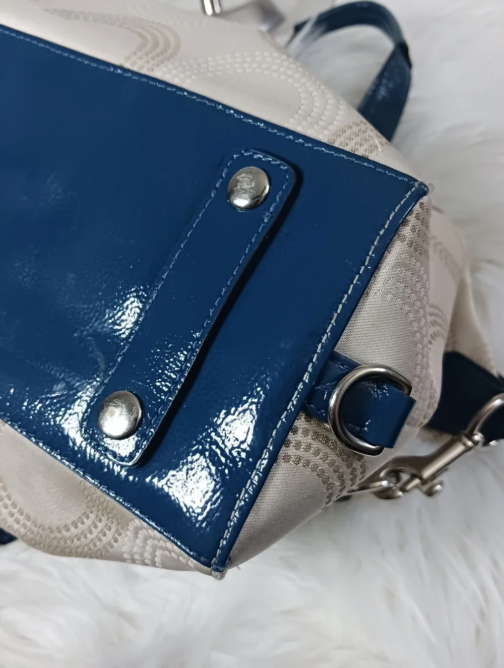 COACH ASHLEY DOTTED OP ART SATCHEL BAG F20027 Light Khaki / Cobalt Blue